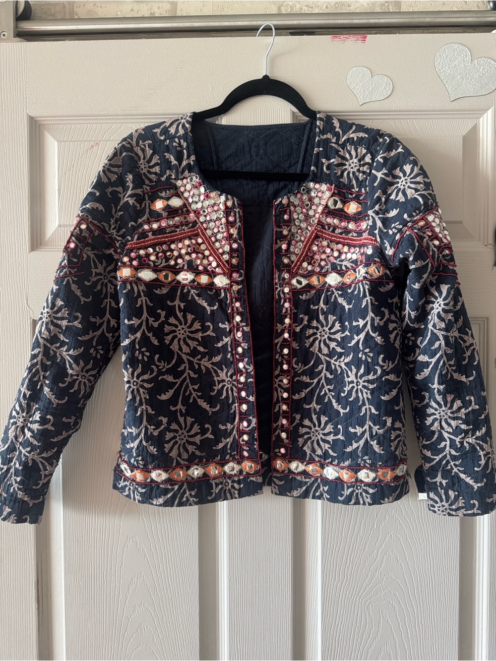 Source Unknown Black Embroidered Beaded Cotton Jacket with Cream Accents